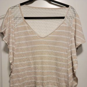 Lane Bryant Plus Tan & White Stripe Knit Top Shirt Lacey Back 14/16